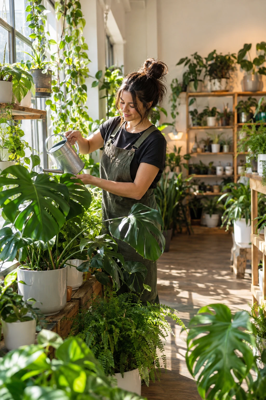 A plant shop owner watering monstera plants